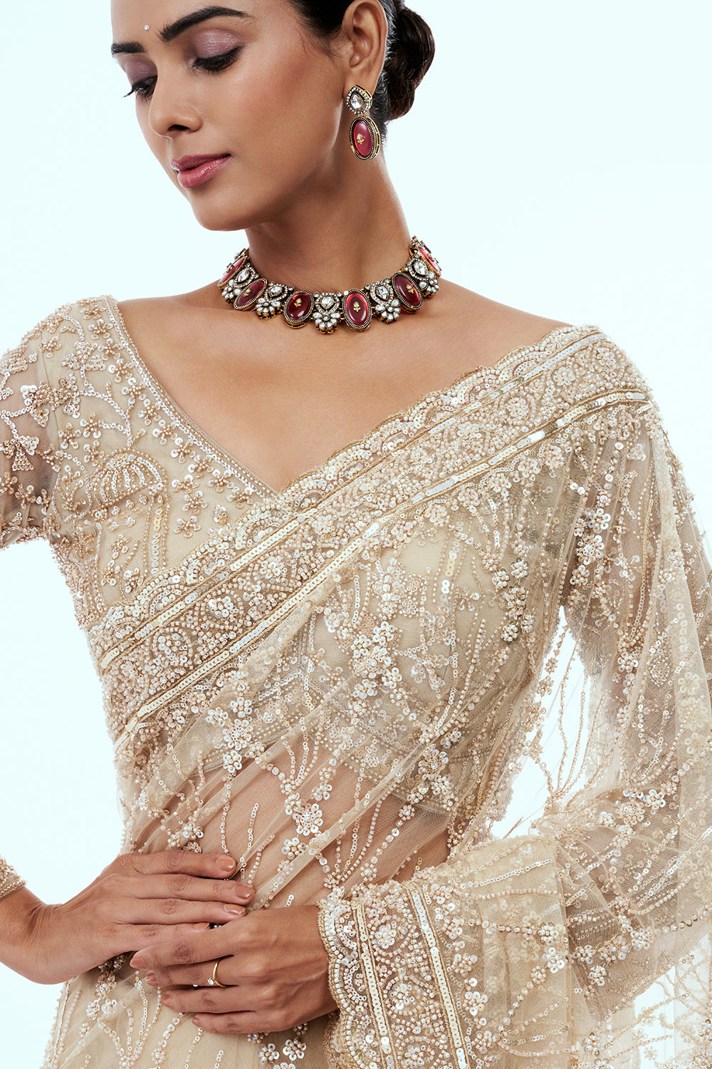 Light Gold Net Embellished Saree with Resham Work