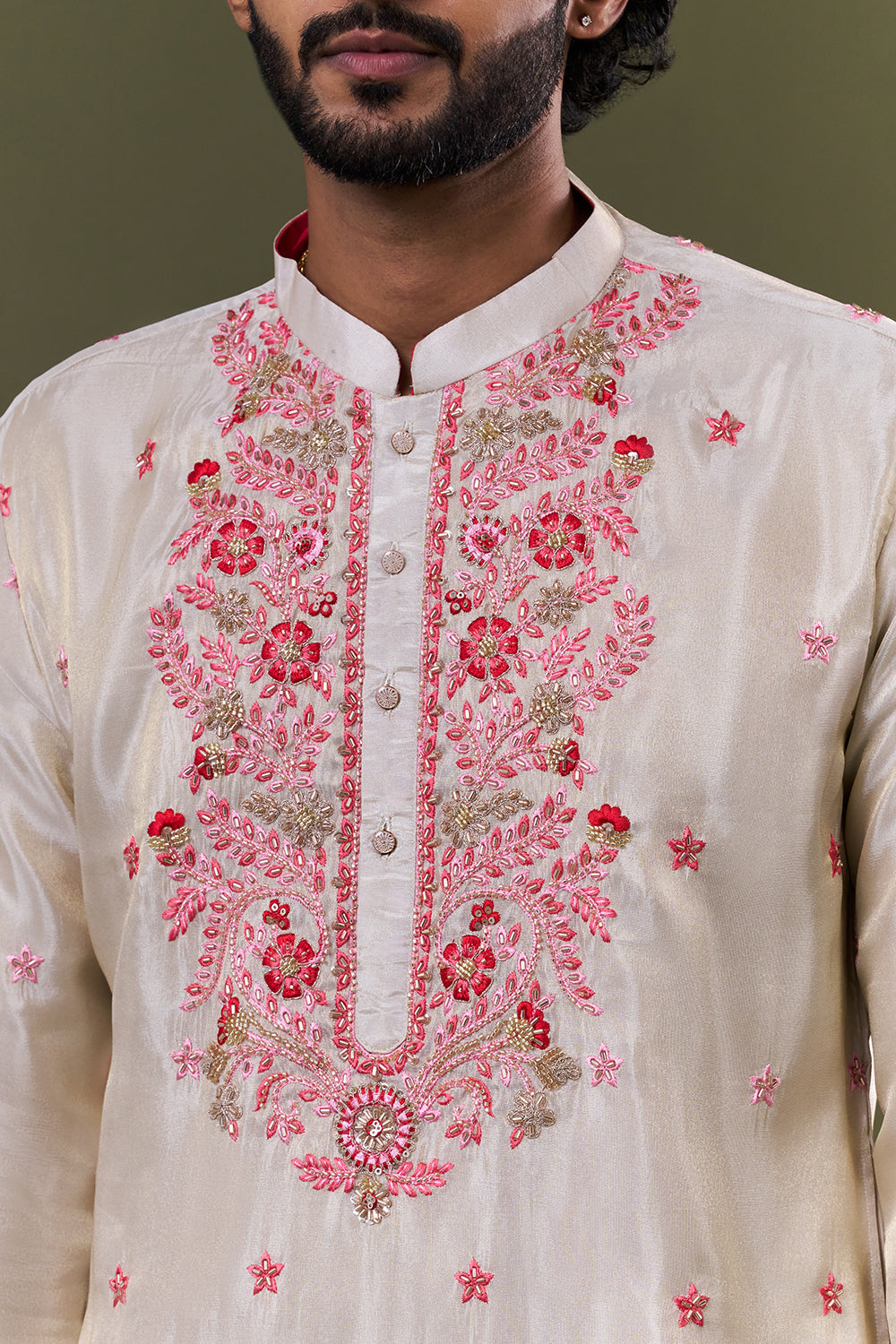 Light Gold Shimmer Georgette Floral Resham Embellished Kurta Set