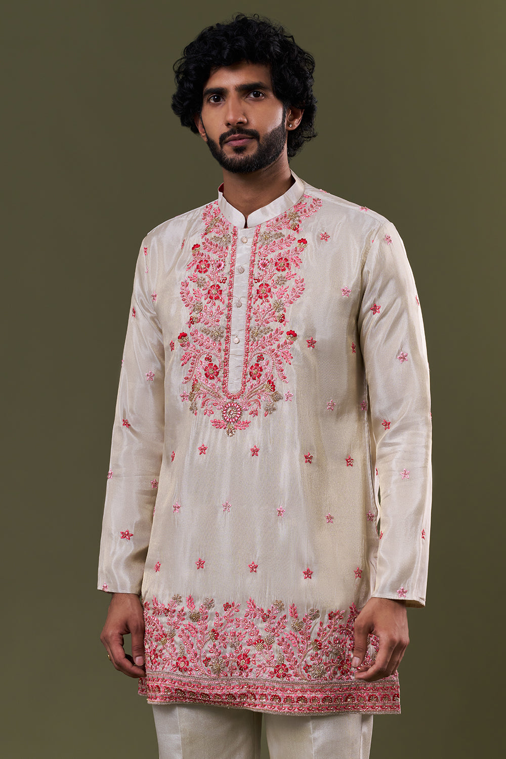 Light Gold Shimmer Georgette Floral Resham Embellished Kurta Set