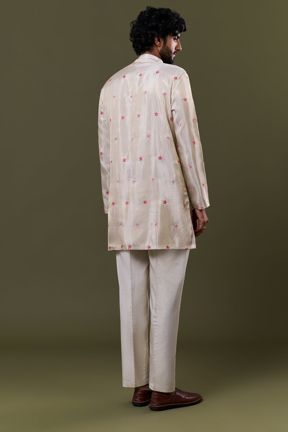 Light Gold Shimmer Georgette Floral Resham Embellished Kurta Set