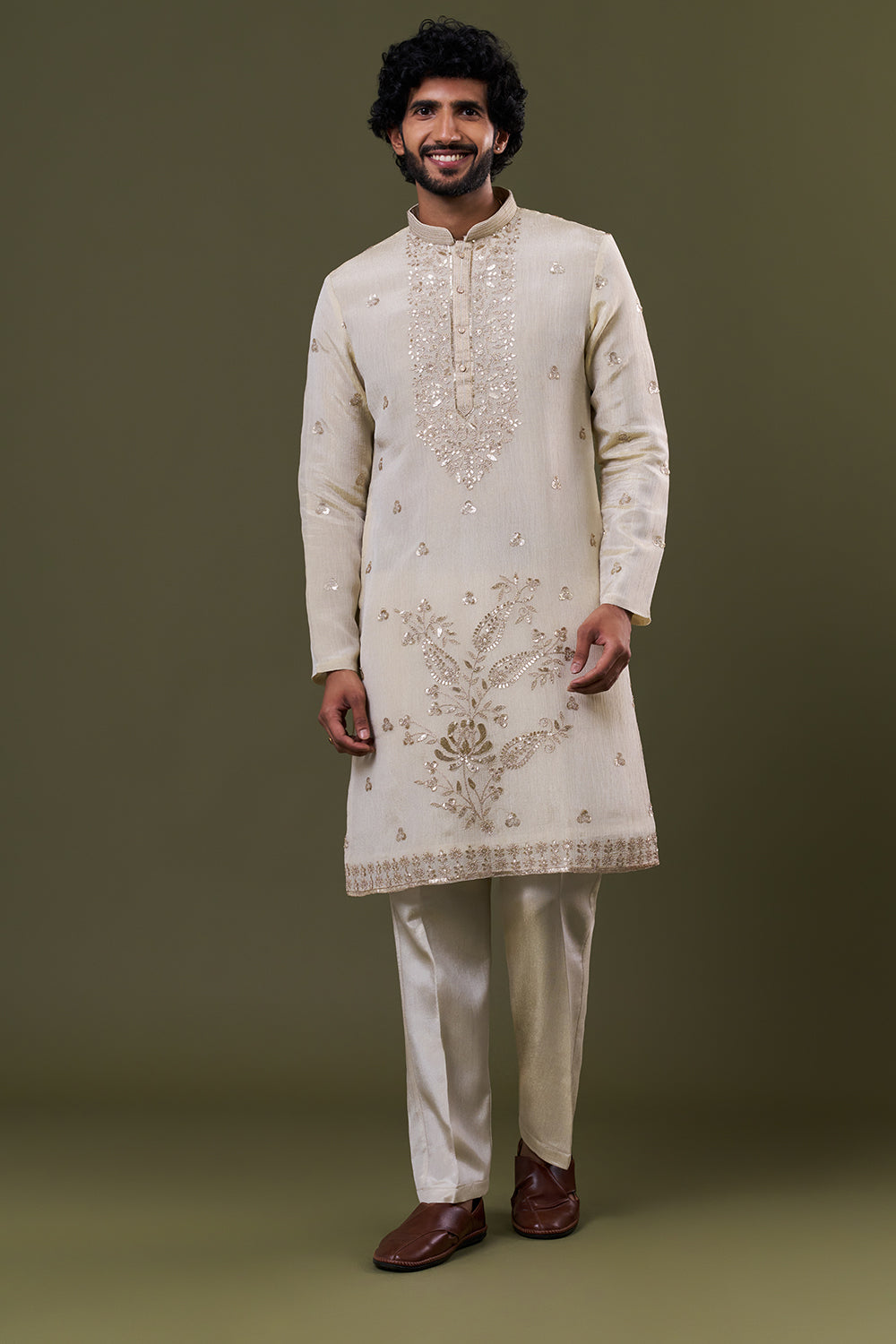 Light Gold Shimmer Georgette Mirror Embellished Kurta Set