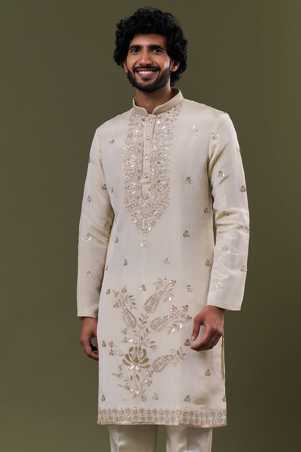 Light Gold Shimmer Georgette Mirror Embellished Kurta Set