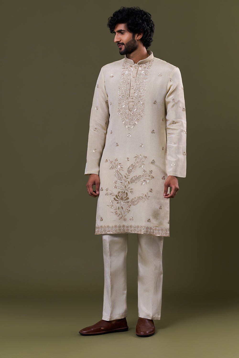 Light Gold Shimmer Georgette Mirror Embellished Kurta Set