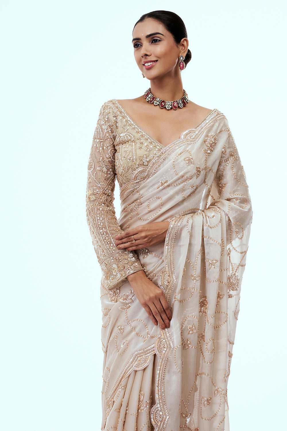 Light Gold Shimmer Organza Saree with Zari Work