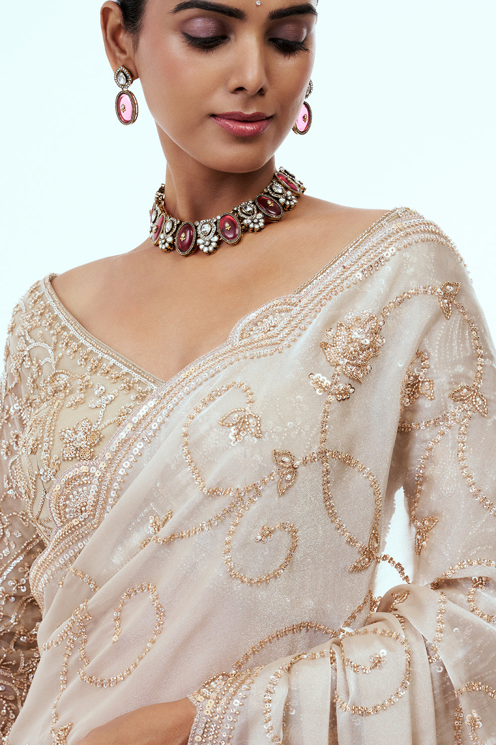 Light Gold Shimmer Organza Saree with Zari Work