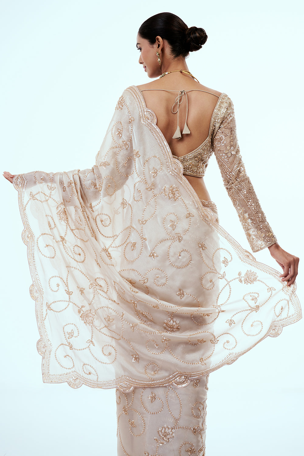 Light Gold Shimmer Organza Saree with Zari Work