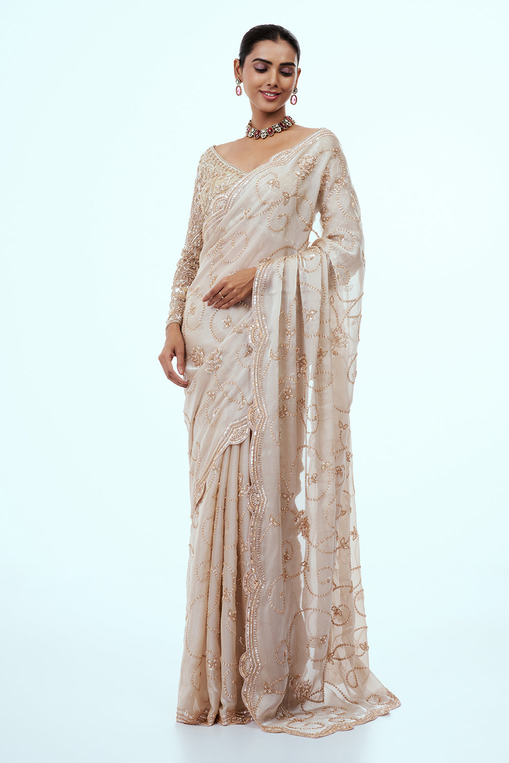 Light Gold Shimmer Organza Saree with Zari Work