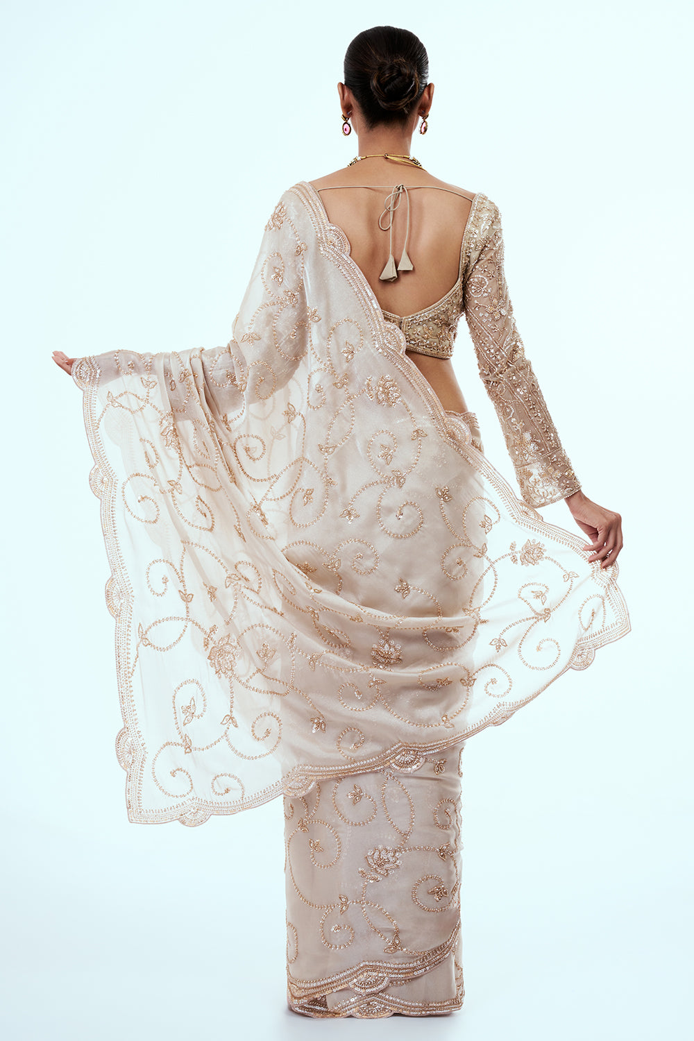 Light Gold Shimmer Organza Saree with Zari Work