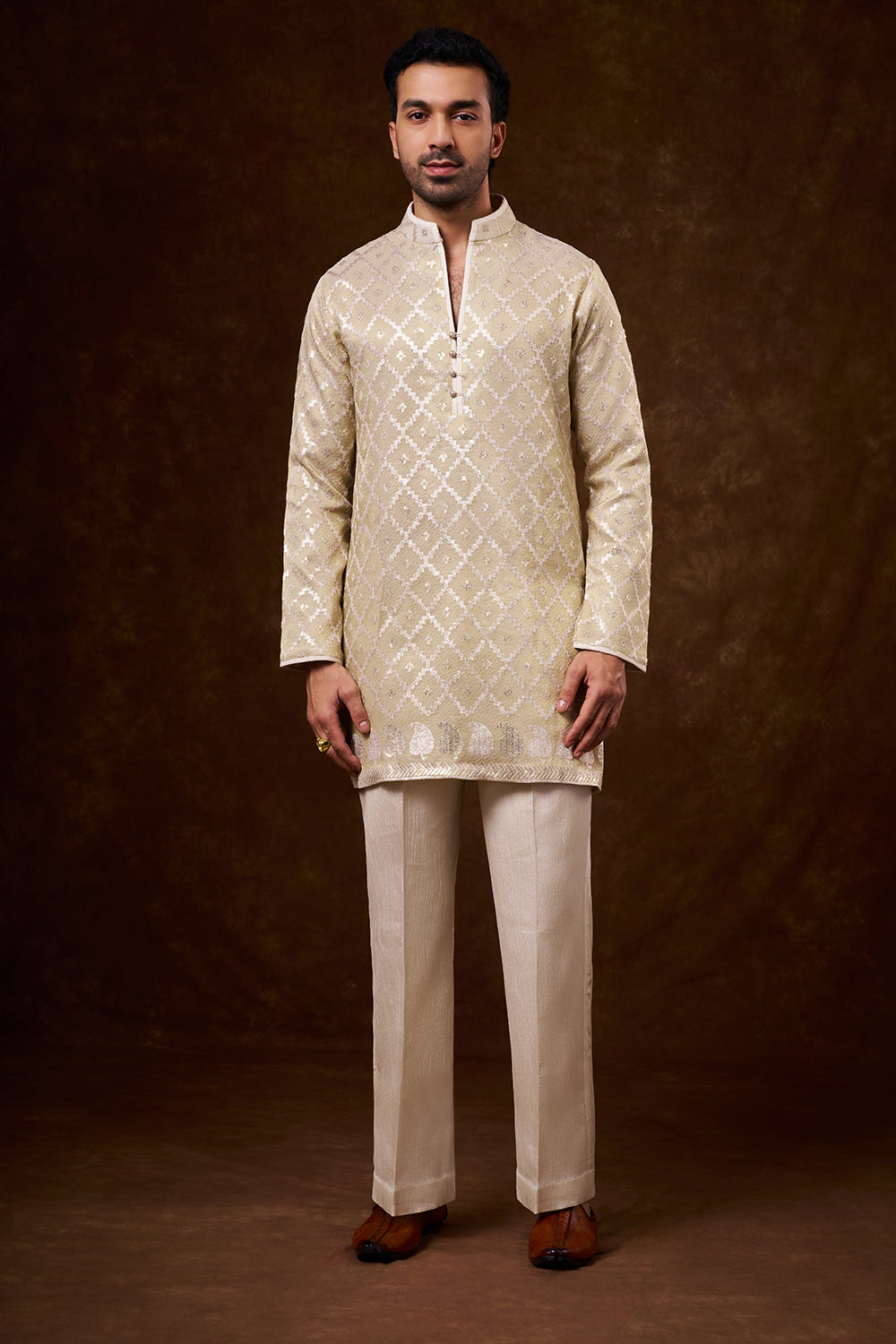 Light Gold Tissue Silk Men's Kurta Set with Resham Work