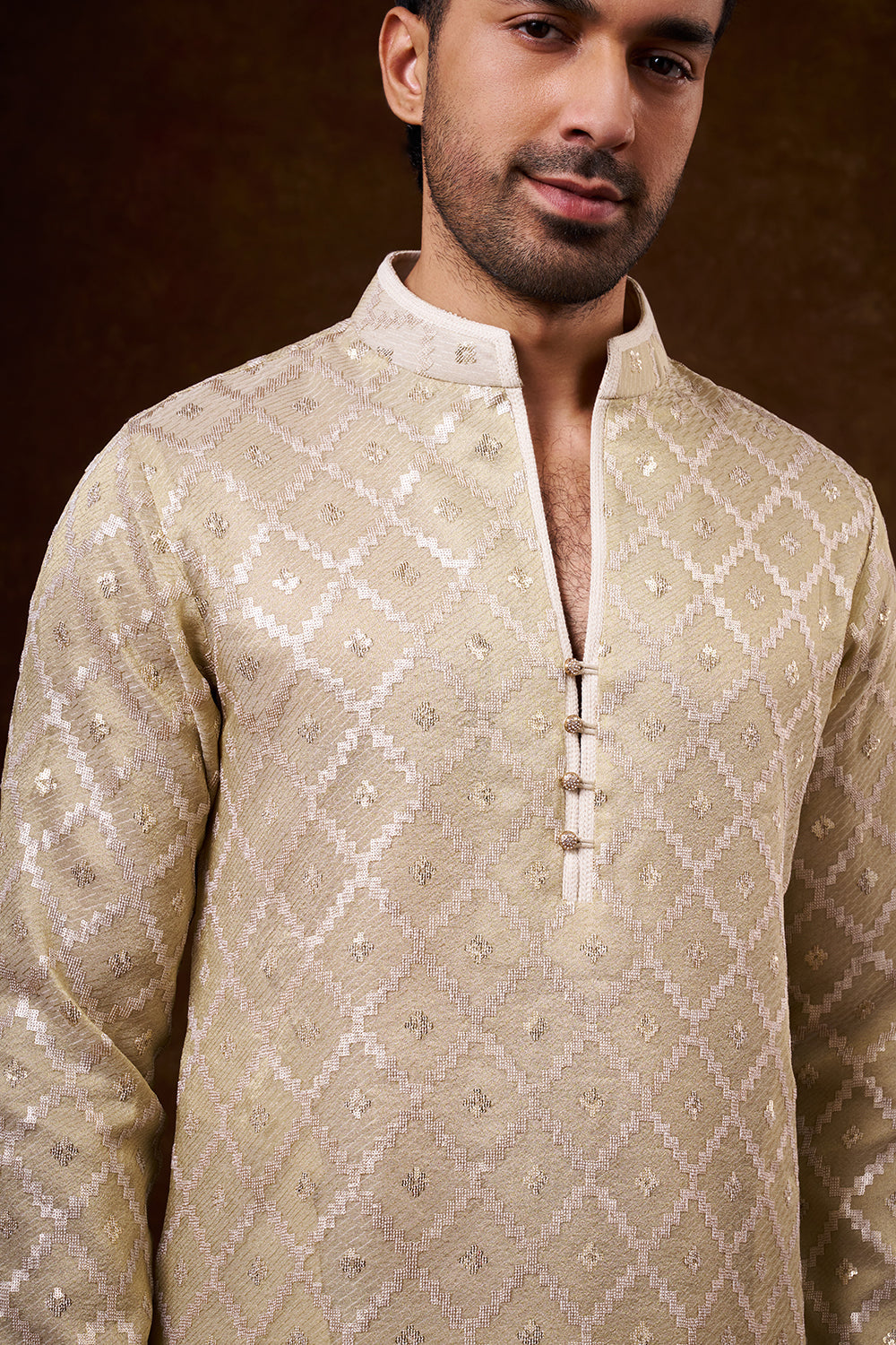 Light Gold Tissue Silk Men's Kurta Set with Resham Work