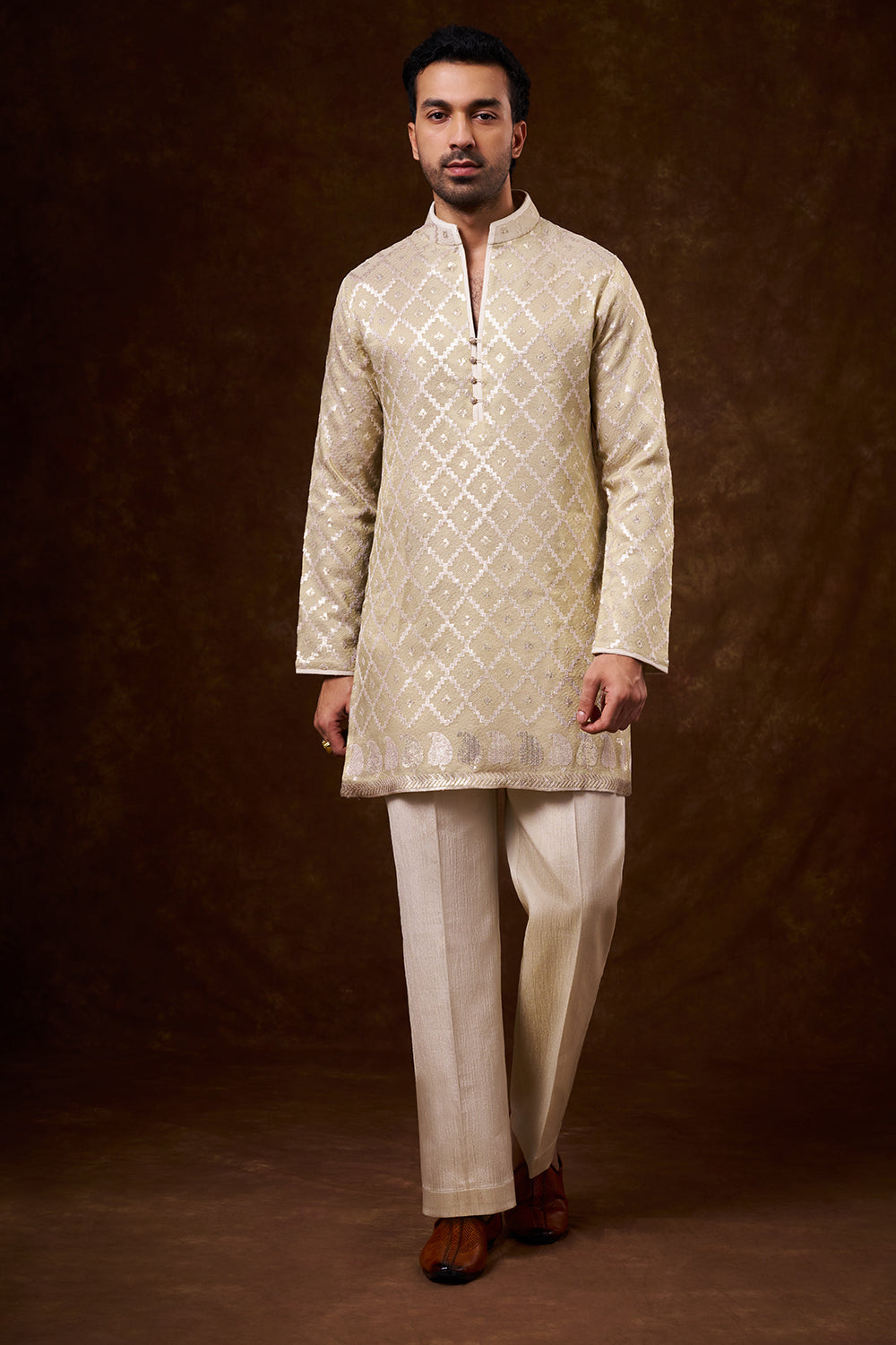 Light Gold Tissue Silk Men's Kurta Set with Resham Work