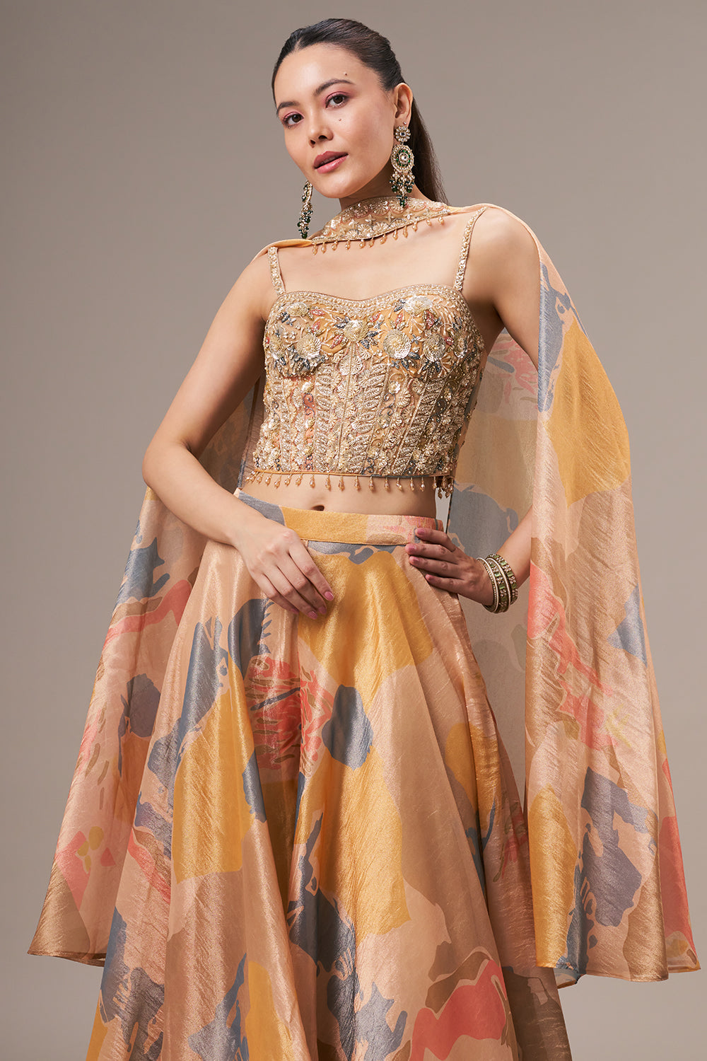 Light Golden Tissue Crop Top Style Suit with Cutdana and Sequin Work