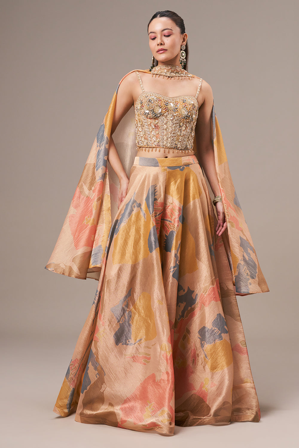 Light Golden Tissue Crop Top Style Suit with Cutdana and Sequin Work