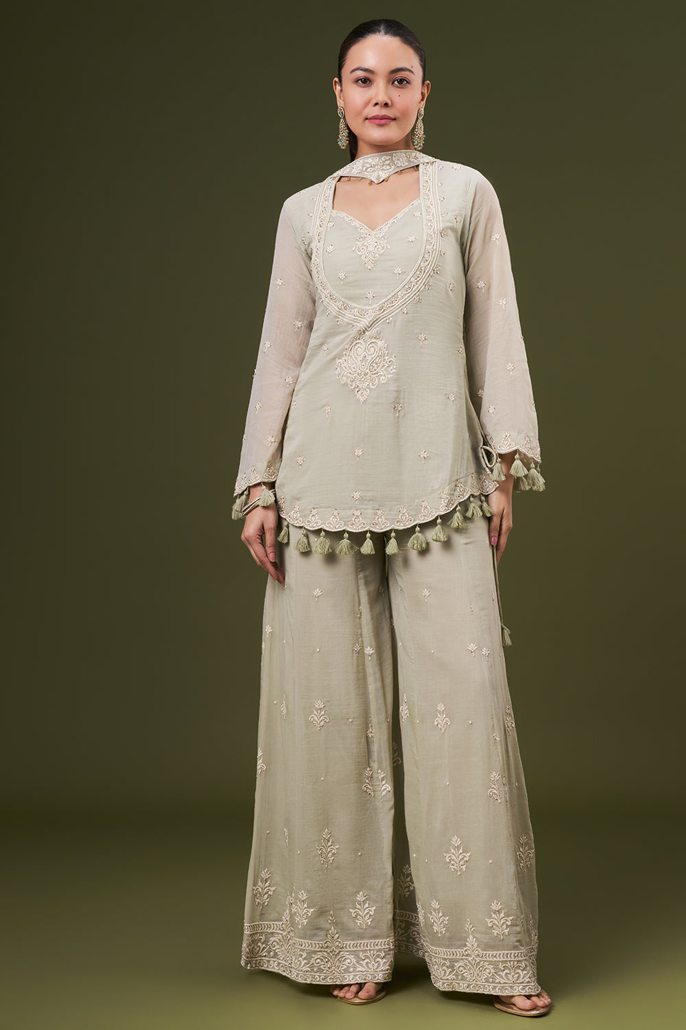 Light Green Mul Cotton Palazzo Suit with Thread and Pearl Work