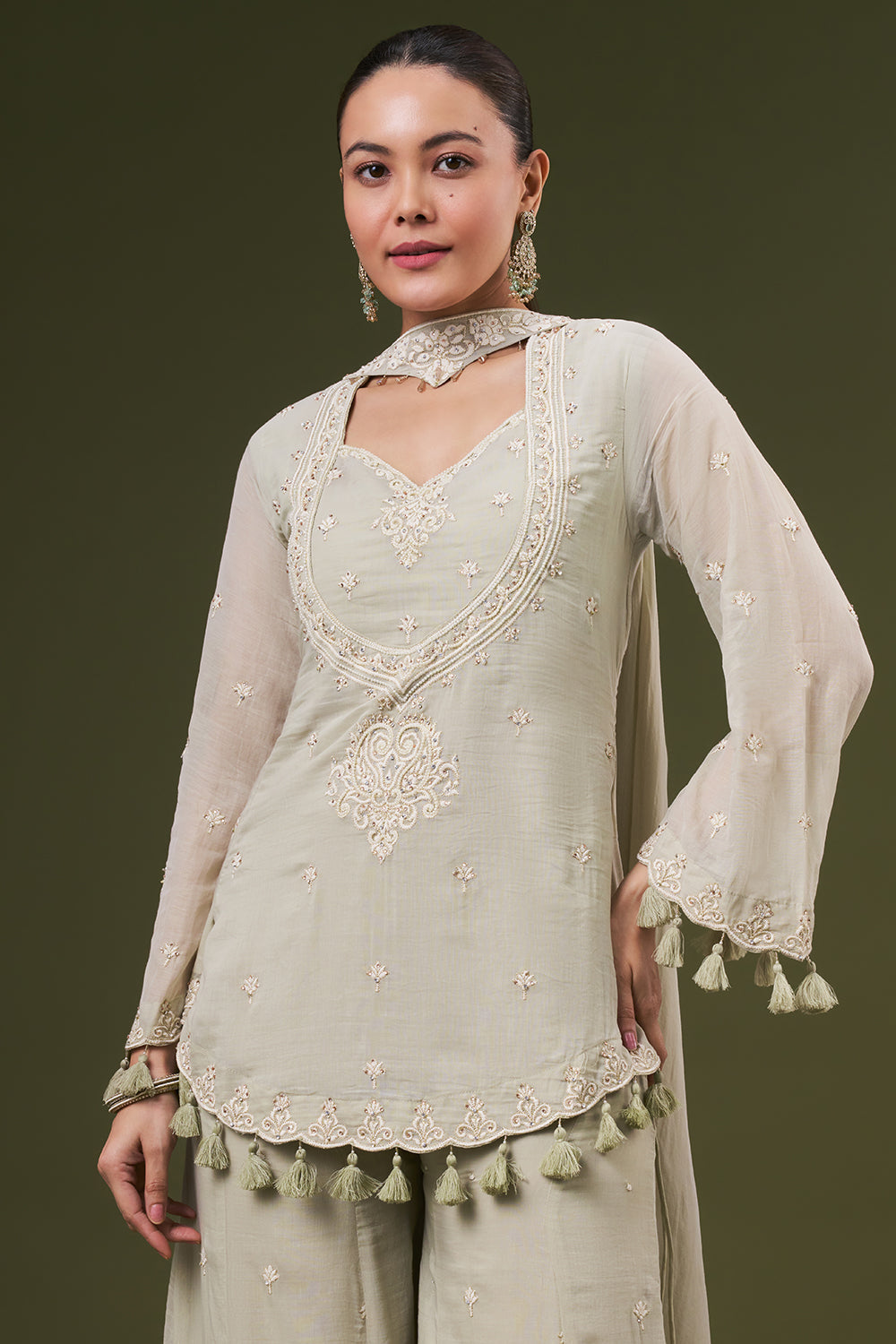 Light Green Mul Cotton Palazzo Suit with Thread and Pearl Work