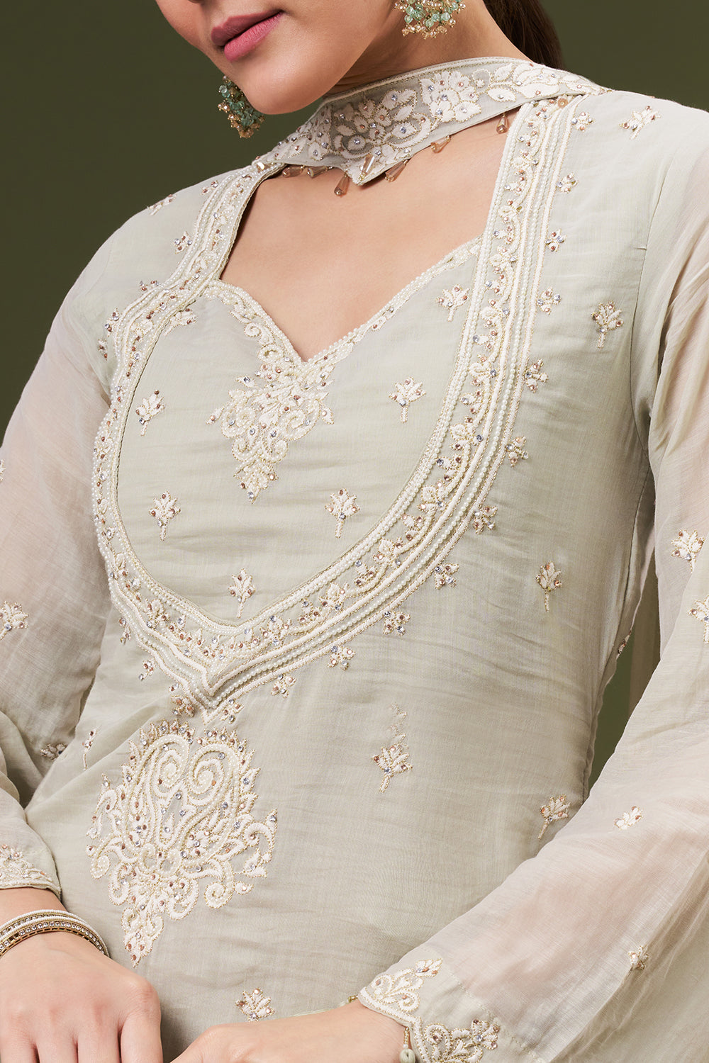 Light Green Mul Cotton Palazzo Suit with Thread and Pearl Work