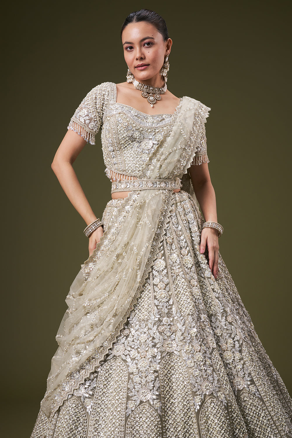 Light Green Tissue Bridesmaid Lehenga with Sequin and Pearl Work