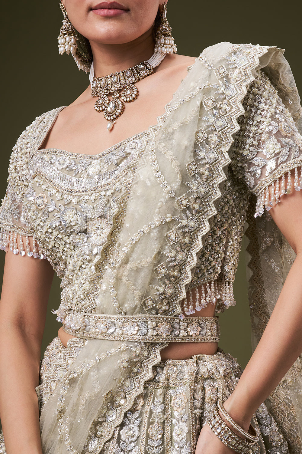 Light Green Tissue Bridesmaid Lehenga with Sequin and Pearl Work