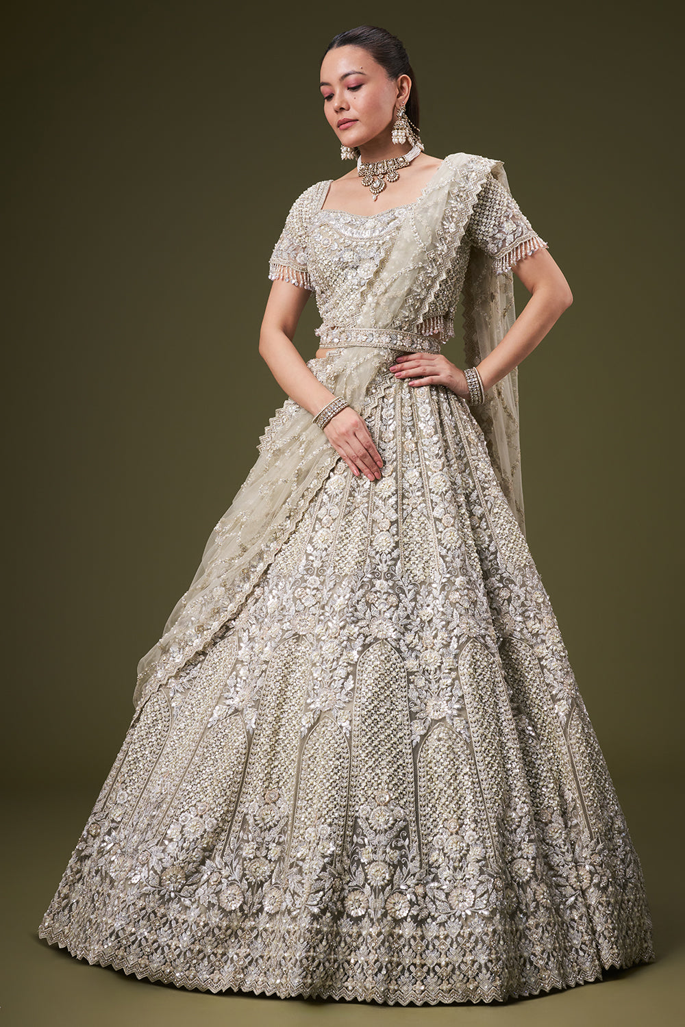 Light Green Tissue Bridesmaid Lehenga with Sequin and Pearl Work