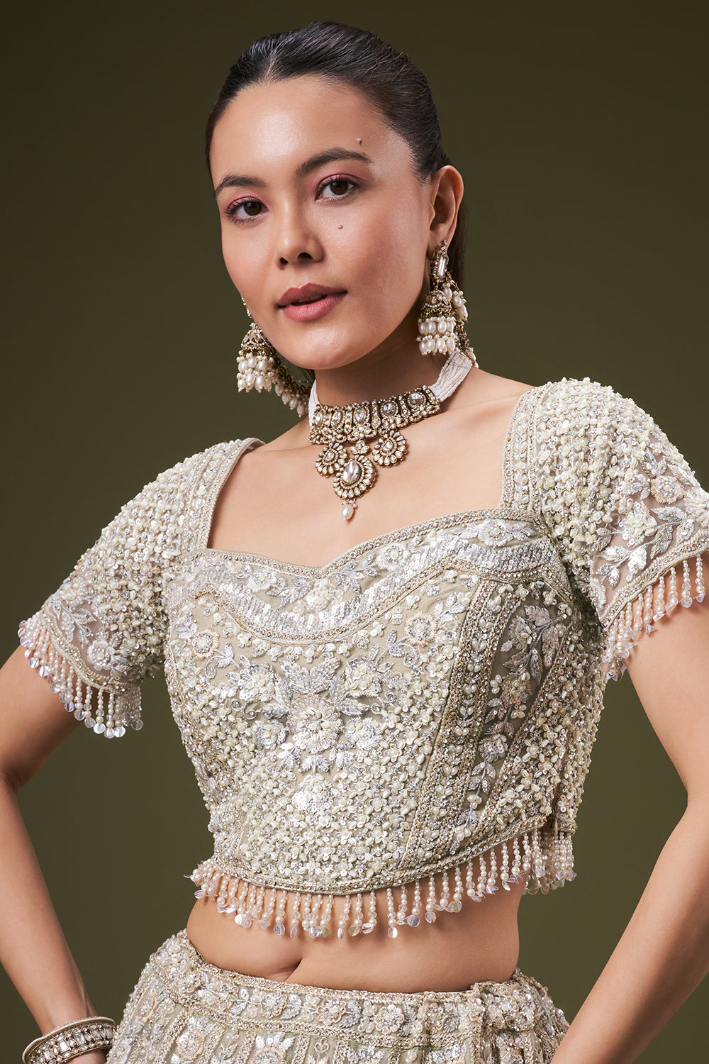 Light Green Tissue Bridesmaid Lehenga with Sequin and Pearl Work
