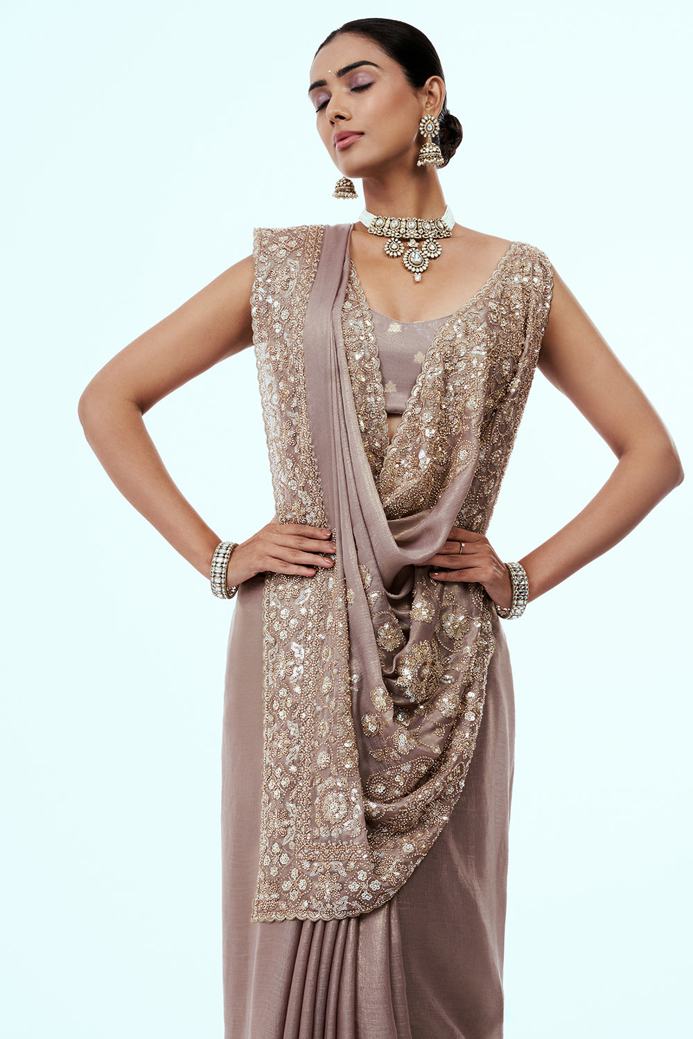 Light Mauve Cotton Silk Saree with Sequin Work