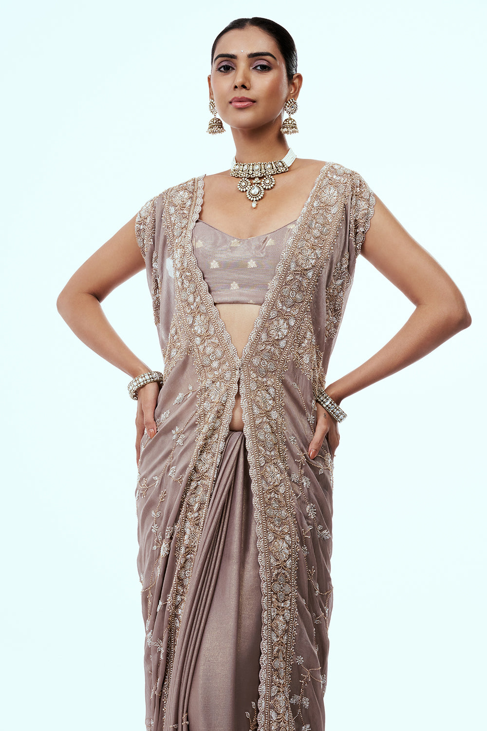 Light Mauve Cotton Silk Saree with Cutdana Work