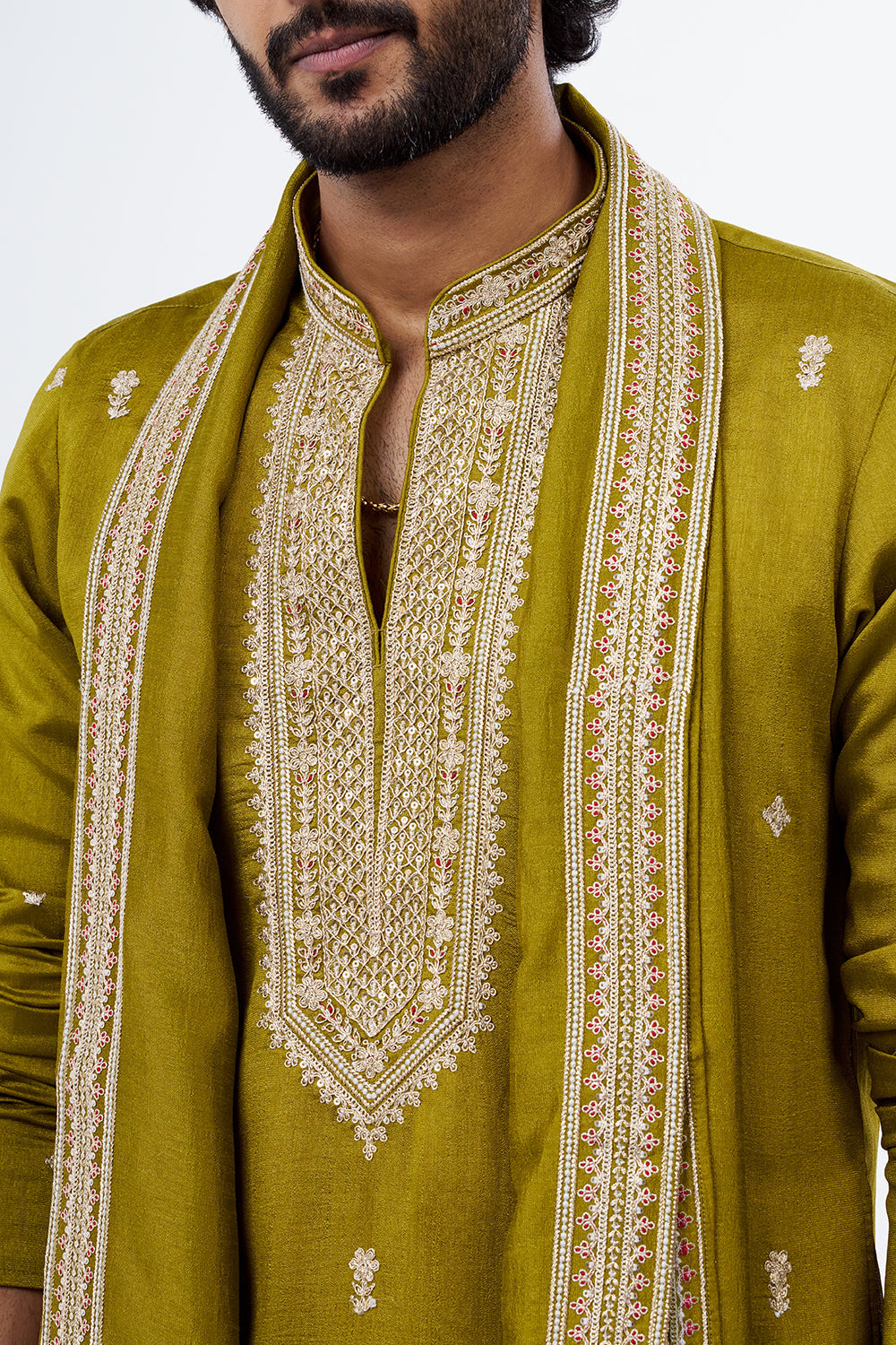Light Olive Embroidered Men's Kurta Set