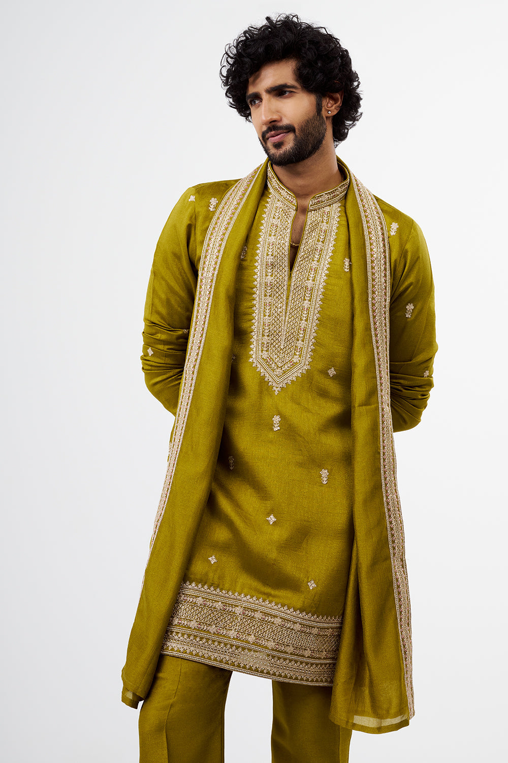 Light Olive Embroidered Men's Kurta Set