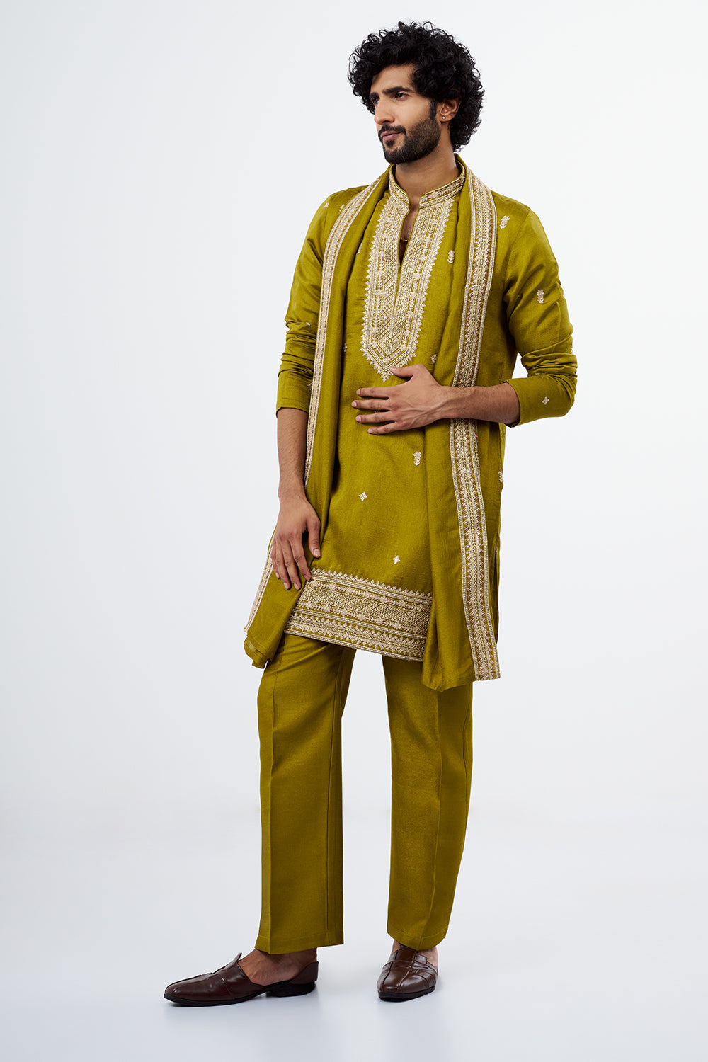 Light Olive Embroidered Men's Kurta Set