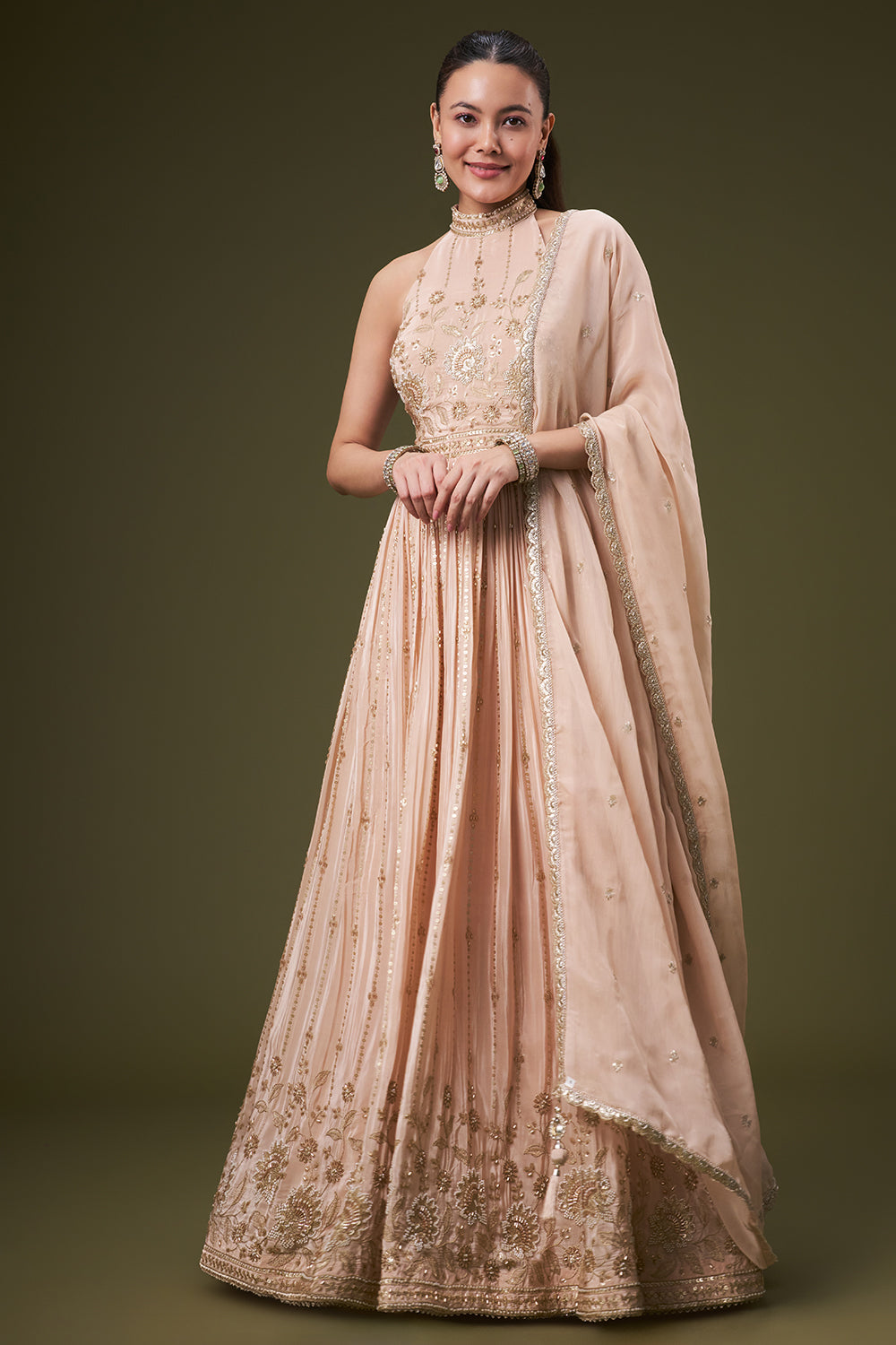 Light Peach Crepe Anarkali Gown with Cutdana and Sequin Work