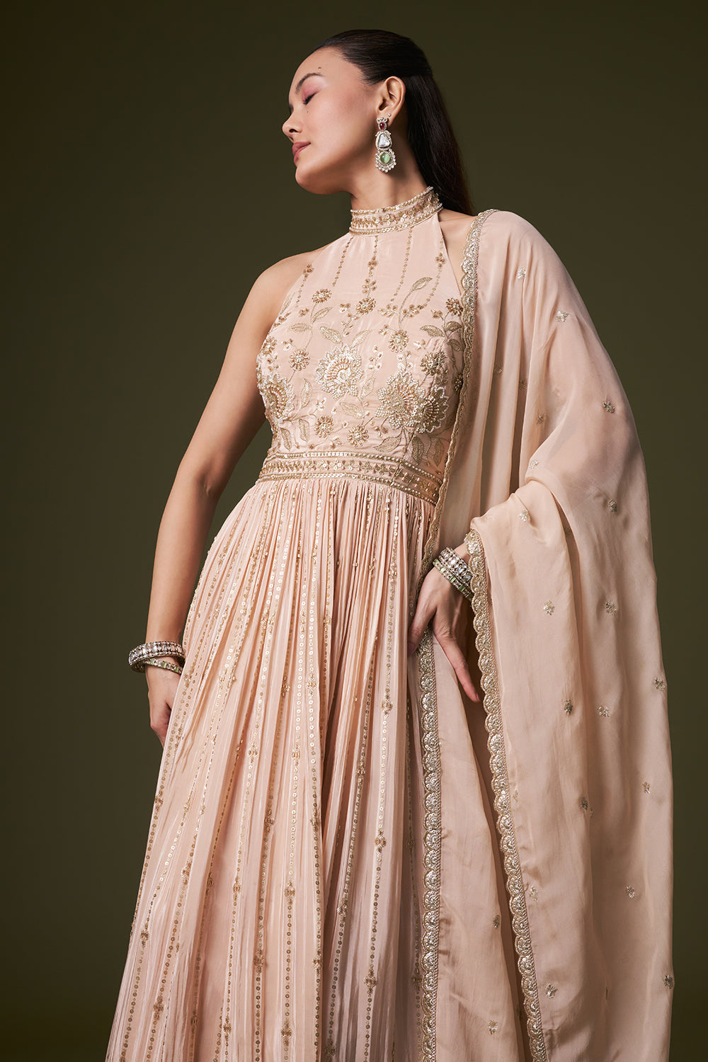 Light Peach Crepe Anarkali Gown with Cutdana and Sequin Work