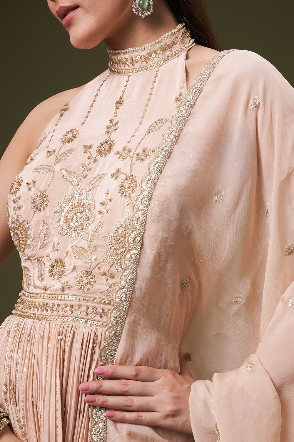 Light Peach Crepe Anarkali Gown with Cutdana and Sequin Work