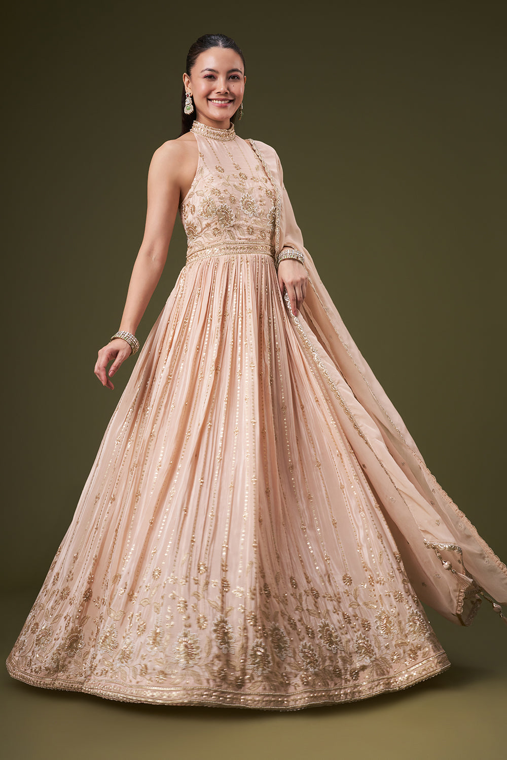 Light Peach Crepe Anarkali Gown with Cutdana and Sequin Work