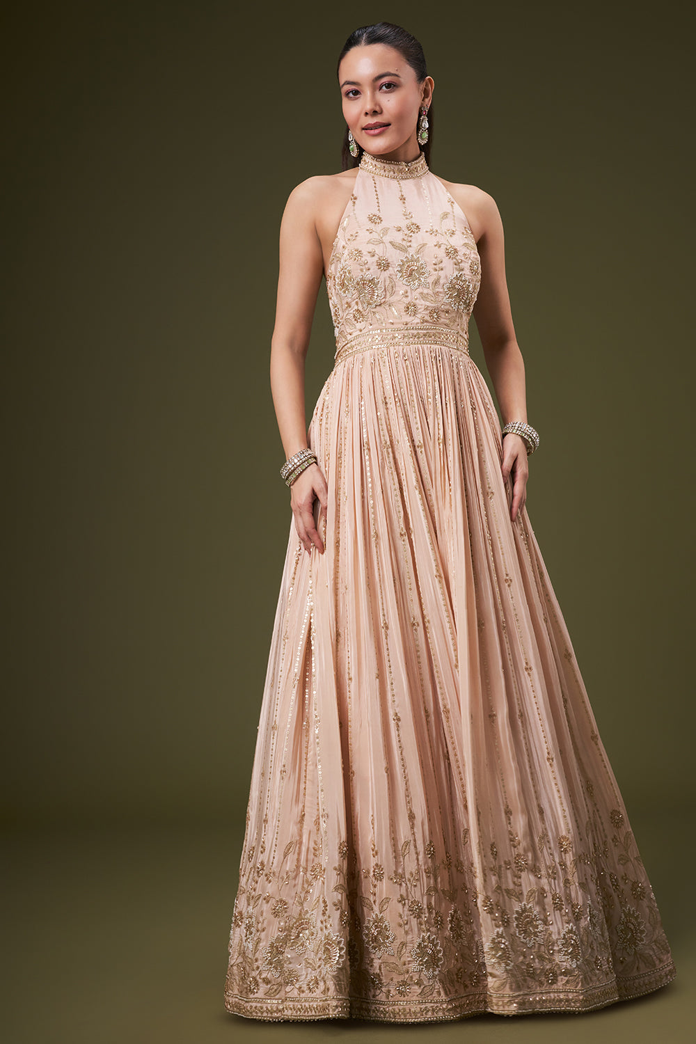 Light Peach Crepe Anarkali Gown with Cutdana and Sequin Work