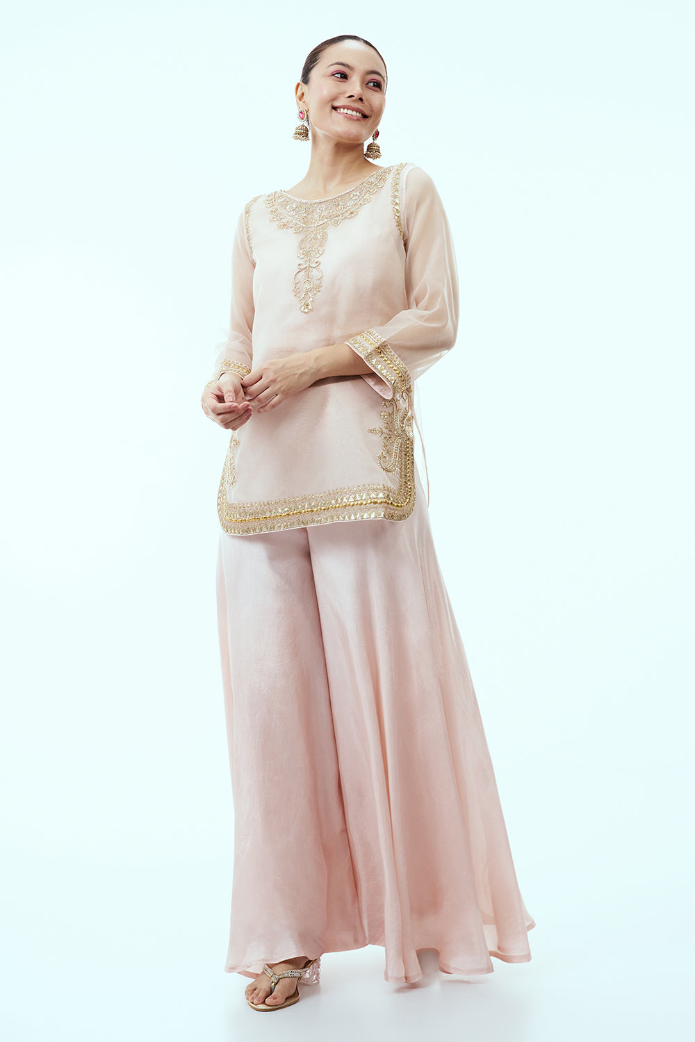 Light Peach Organza Palazzo Set with Dori and Zardosi Work