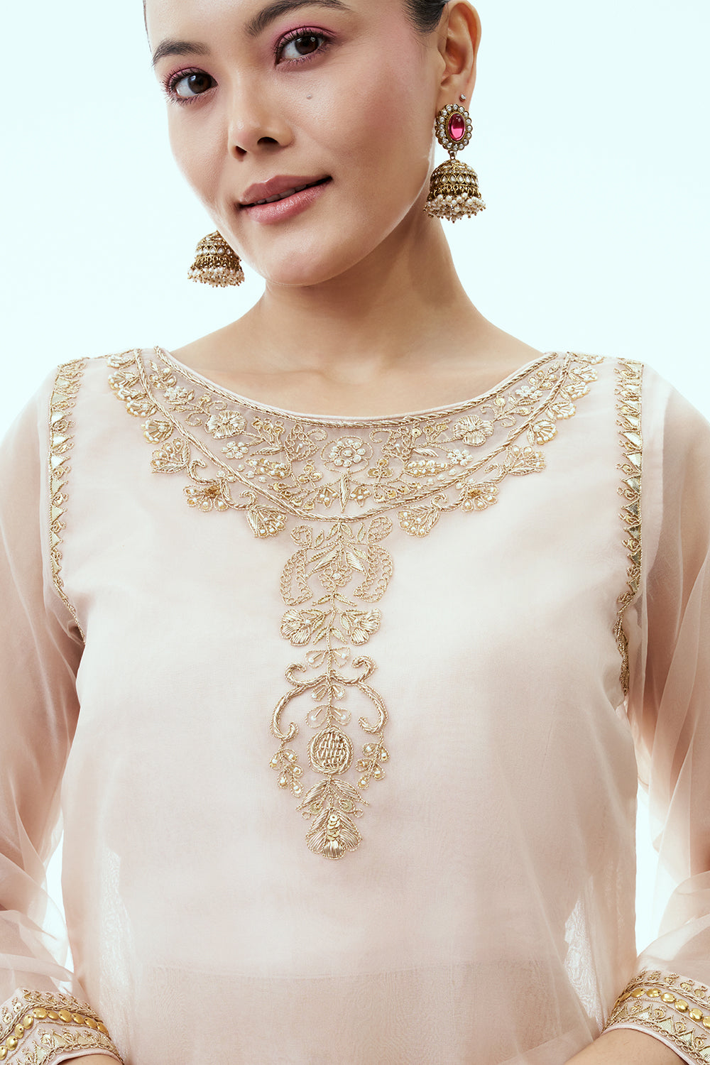 Light Peach Organza Palazzo Set with Dori and Zardosi Work