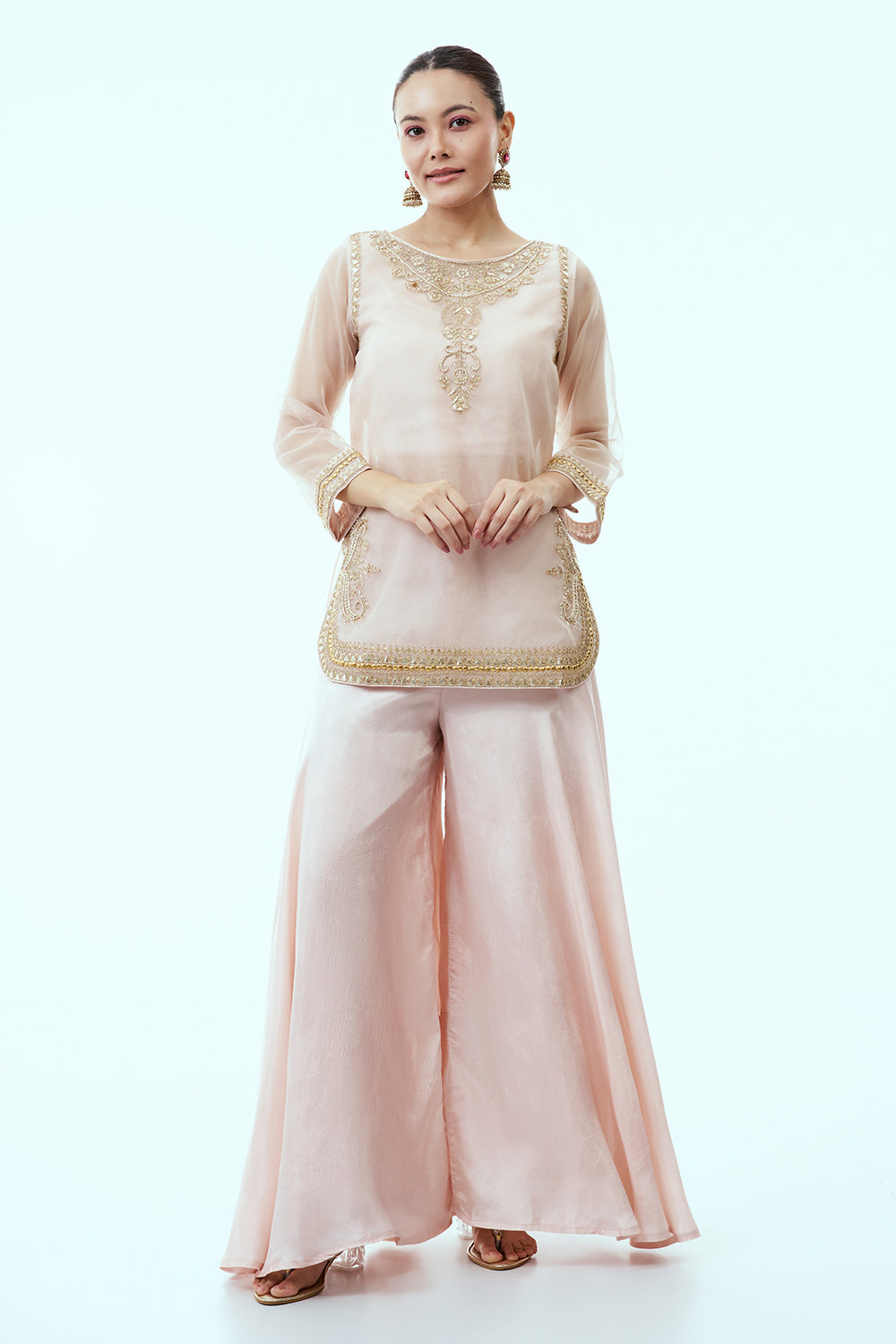 Light Peach Organza Palazzo Set with Dori and Zardosi Work