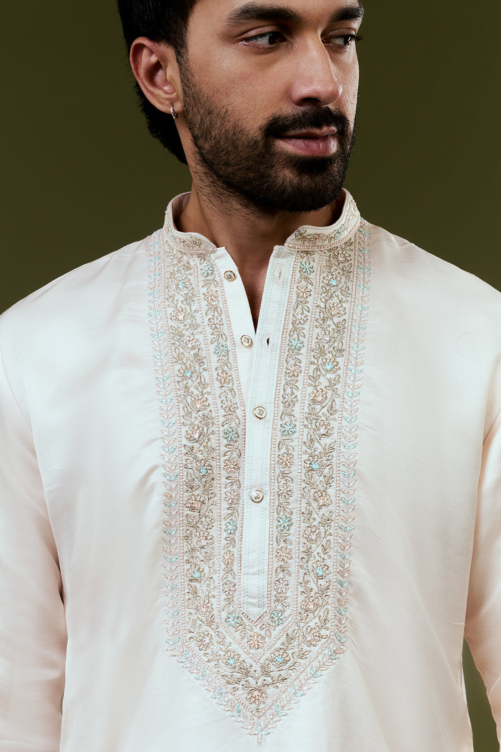 Light Peach Silk Mens Kurta Set with Resham and Hand Embroidery