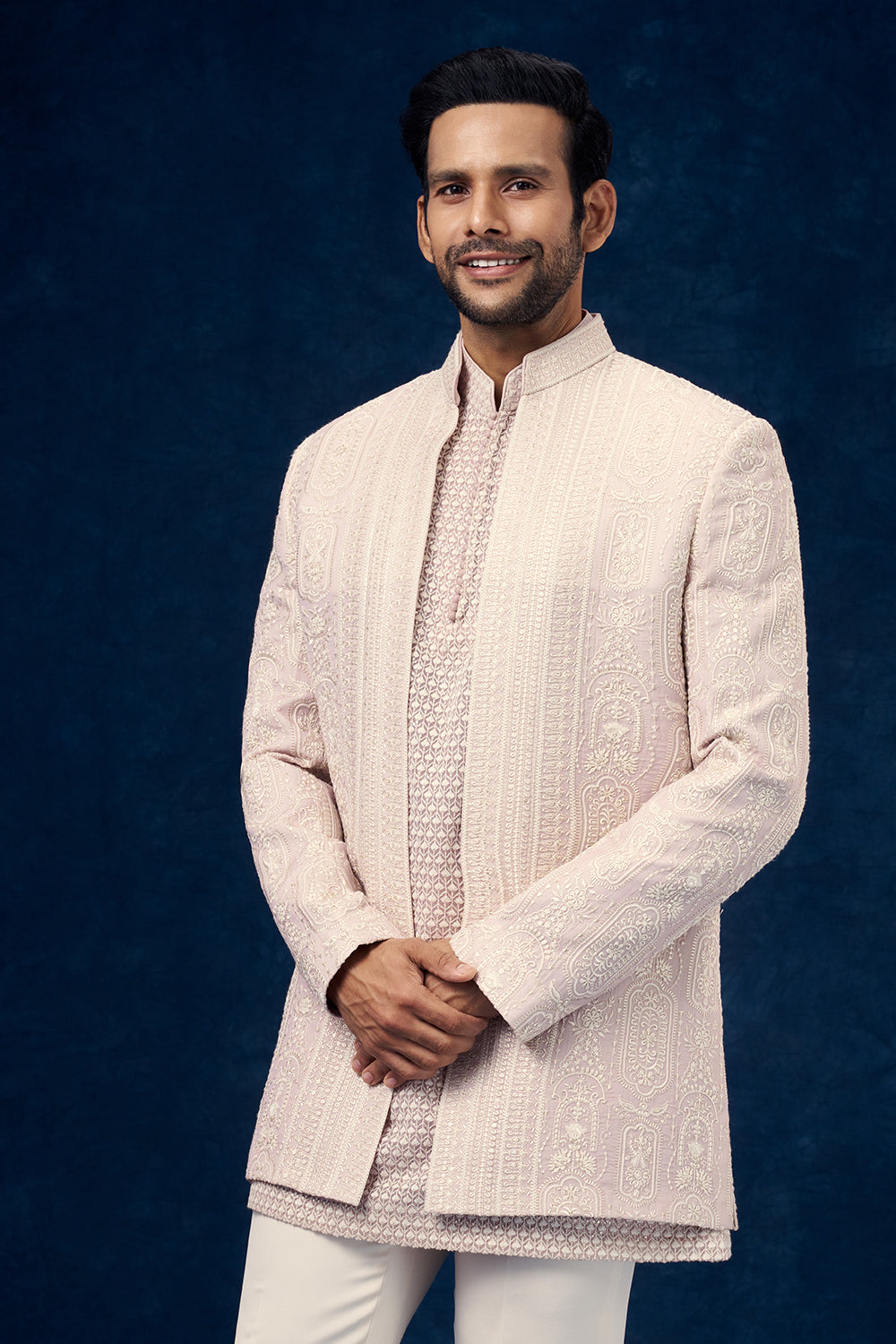 Light Pink Art Silk Mens Indo Western Set with Chikankari Work