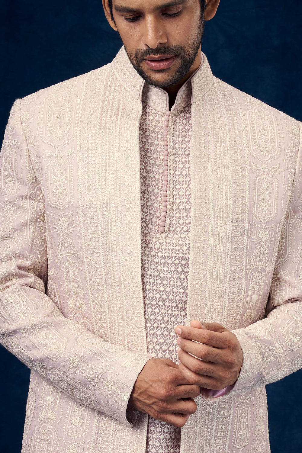 Light Pink Art Silk Mens Indo Western Set with Chikankari Work