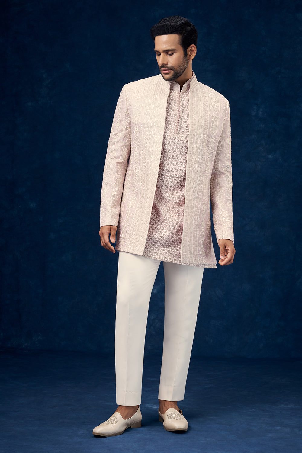 Light Pink Art Silk Mens Indo Western Set with Chikankari Work