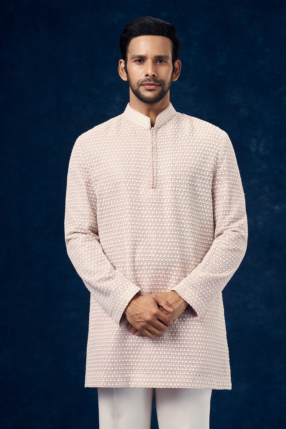 Light Pink Art Silk Mens Indo Western Set with Chikankari Work