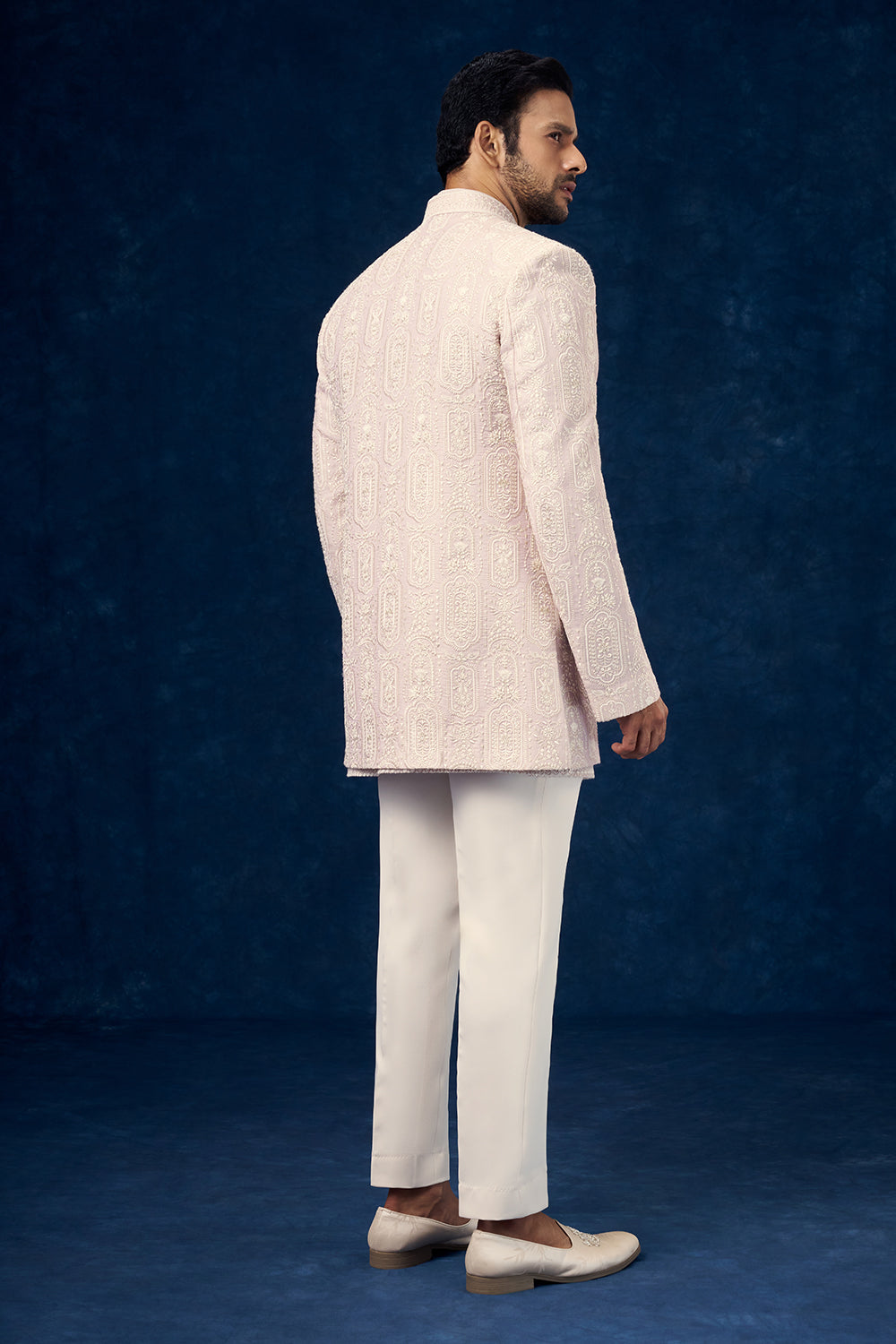 Light Pink Art Silk Mens Indo Western Set with Chikankari Work