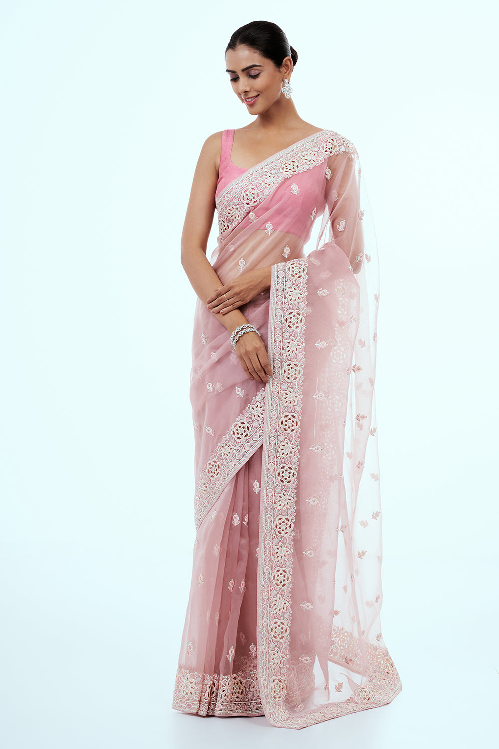Light Pink Organza Embroidered Saree with Stone Work