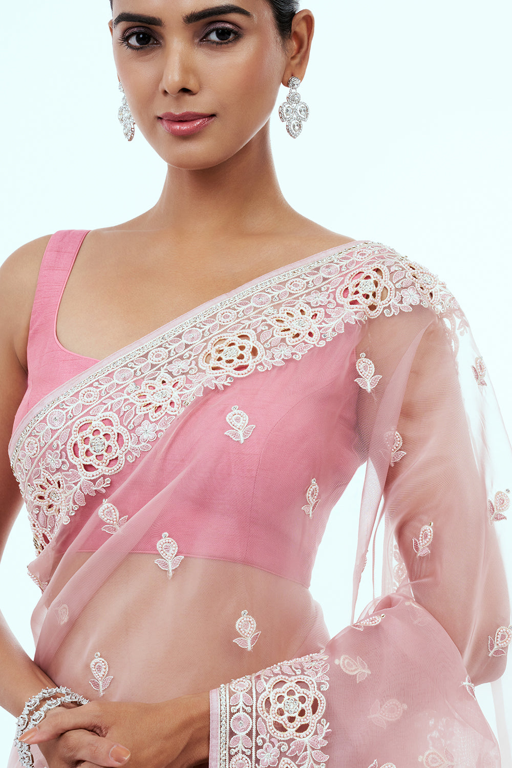 Light Pink Organza Embroidered Saree with Stone Work