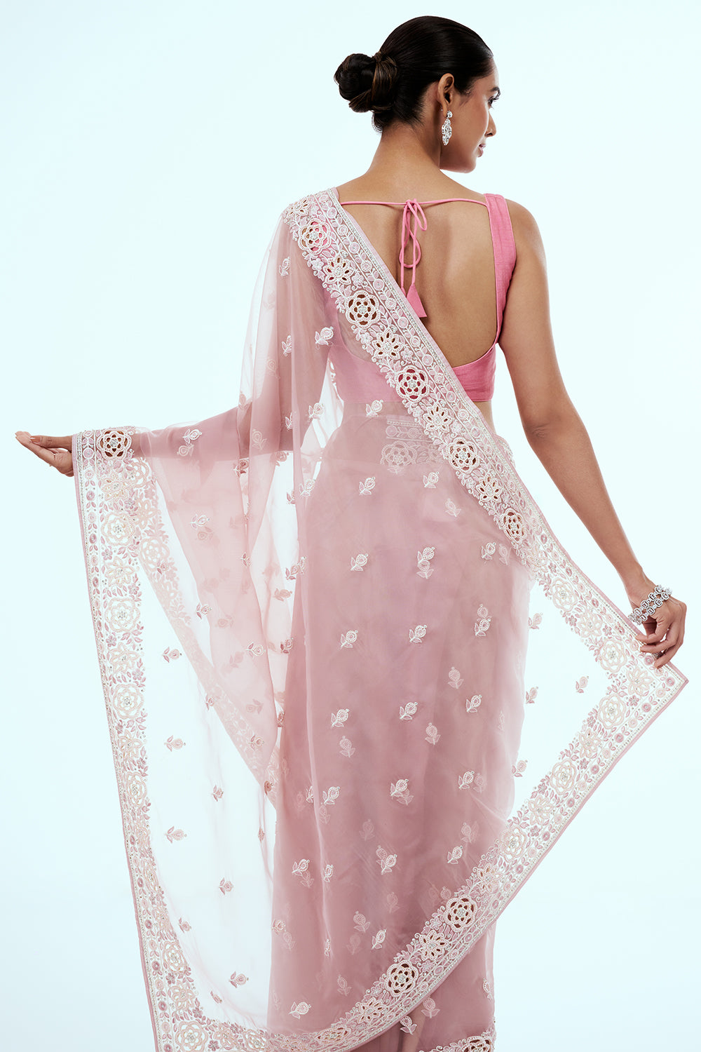Light Pink Organza Embroidered Saree with Stone Work