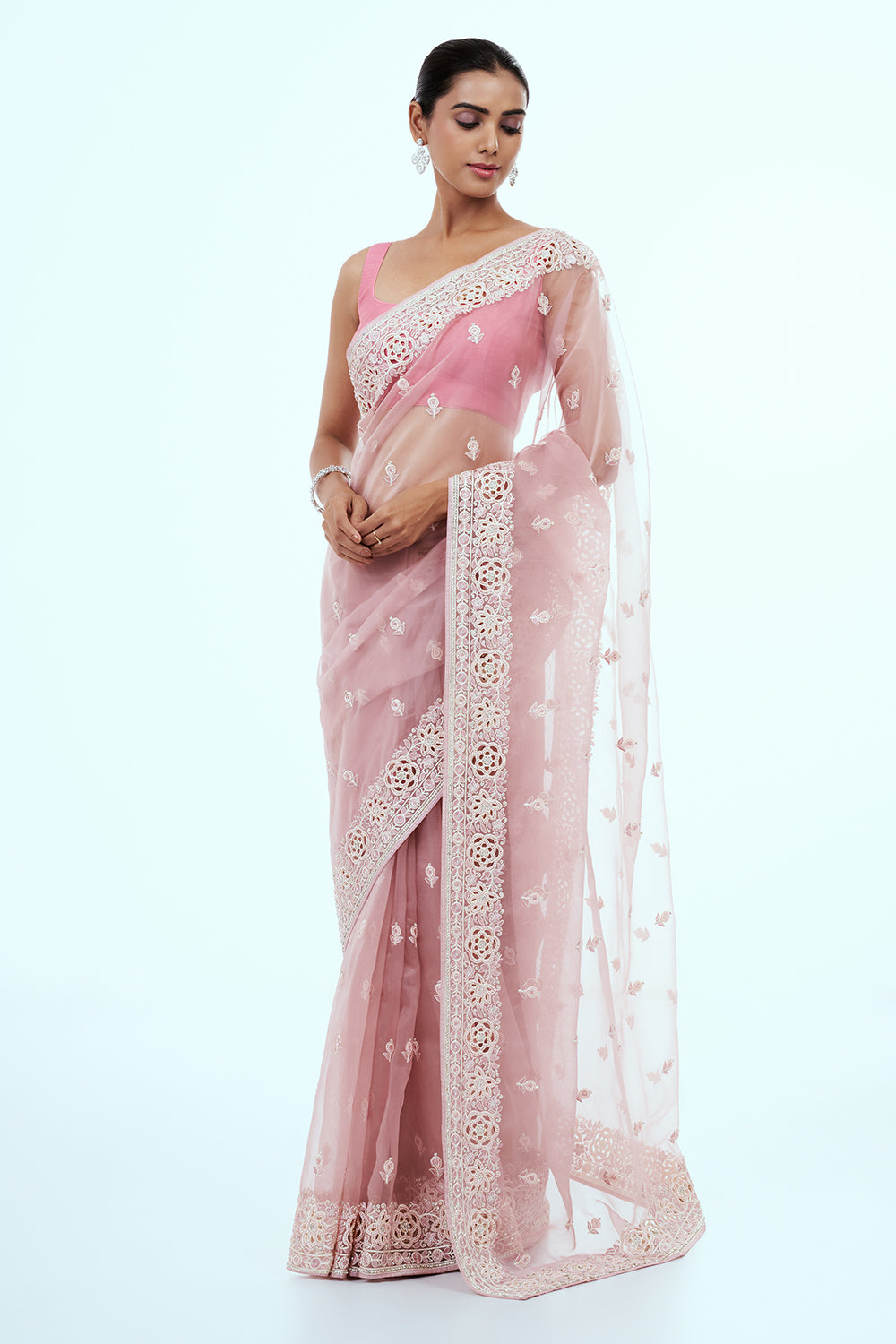 Light Pink Organza Embroidered Saree with Stone Work