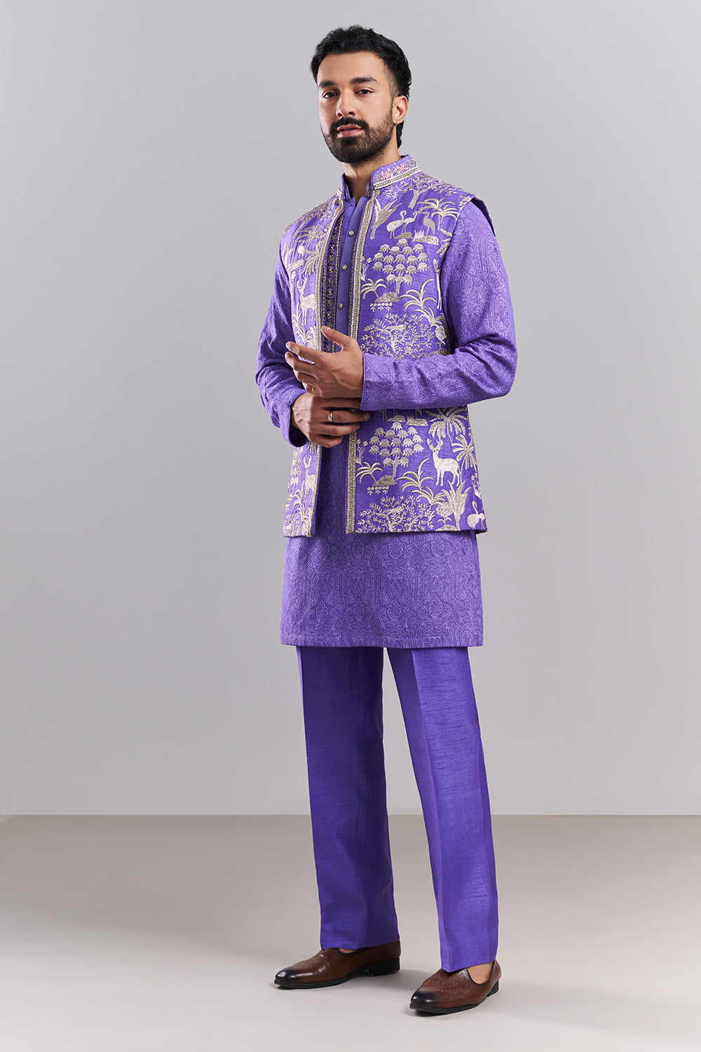 Light Purple Art Silk Embroidered Men’s Kurta with Jacket