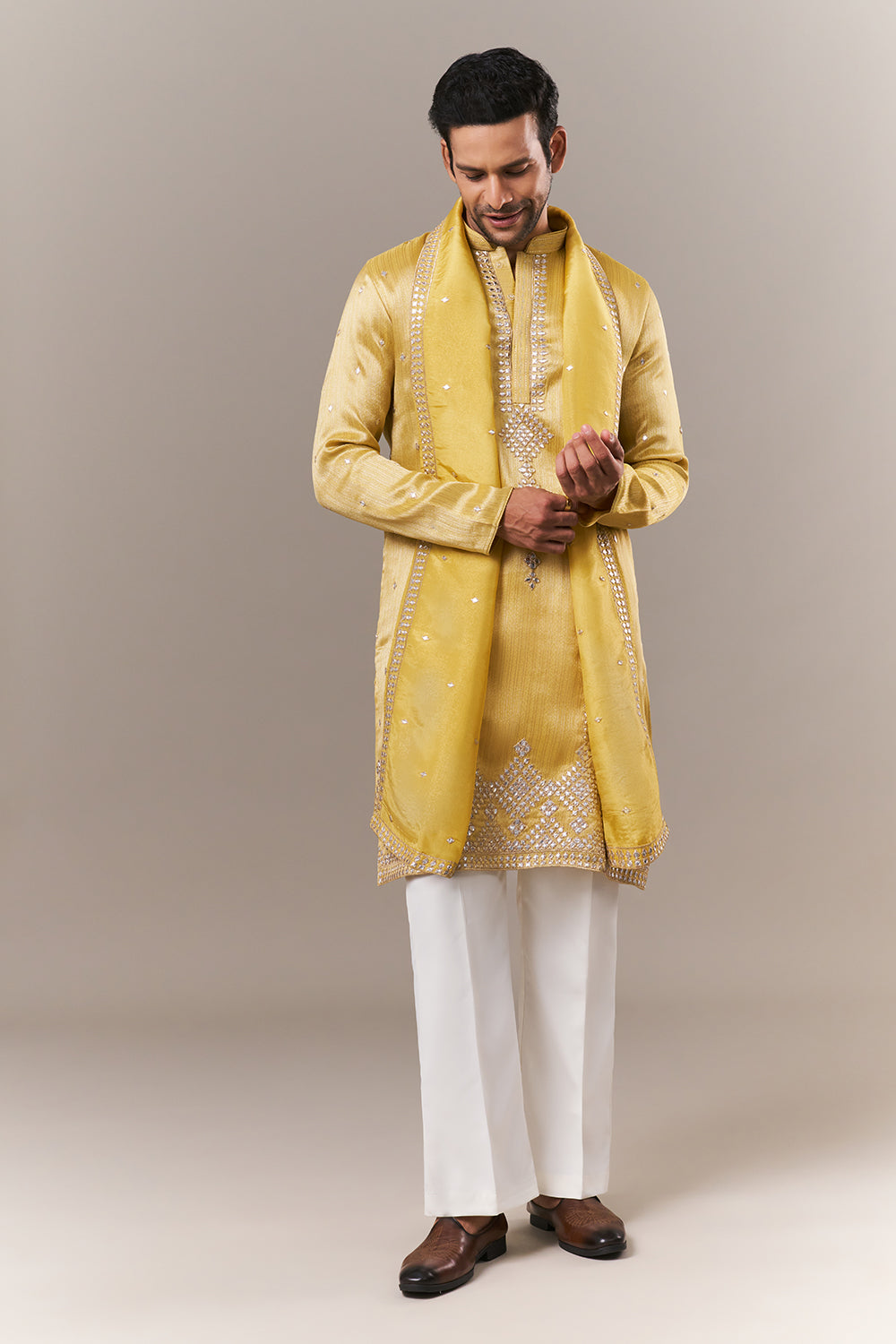 Light Yellow Brocade Mens Kurta Set with Mirror Work