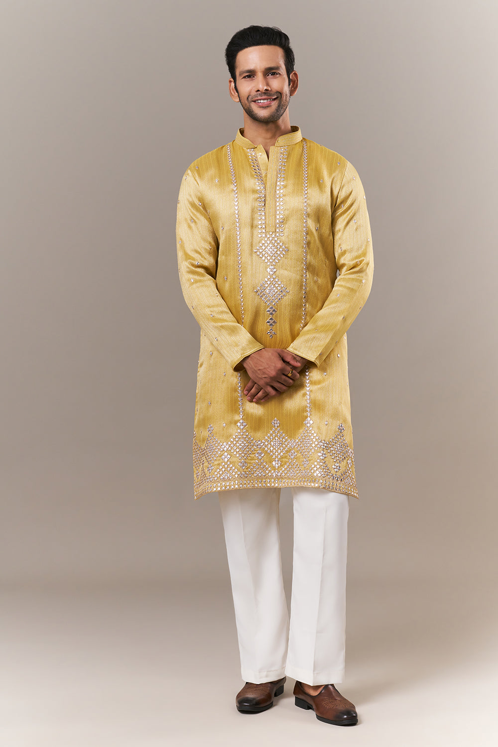 Light Yellow Brocade Mens Kurta Set with Mirror Work